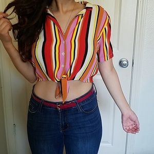 Striped button down, crop top (modeled)